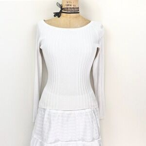 Y2K Womens M Long Sleeve Top Ribbed Boat Neck Layering Balletcore Minimalist